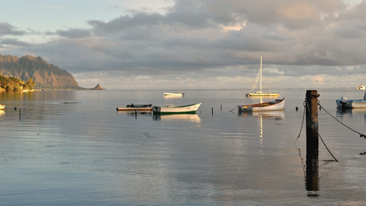 Moored boats at first light off the Heʻeia Kea pier on Kāneʻohe Bay, Mokoliʻi on the horizon.